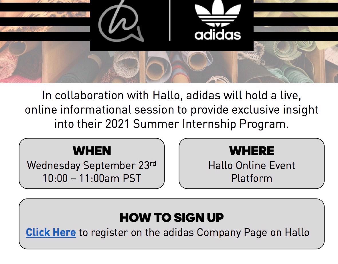 Oorlogszuchtig poll vrachtauto Hallo and adidas will hold a Live Online Informational Session to provide  insight into their 2021 Summer Internship Program - FIT Link